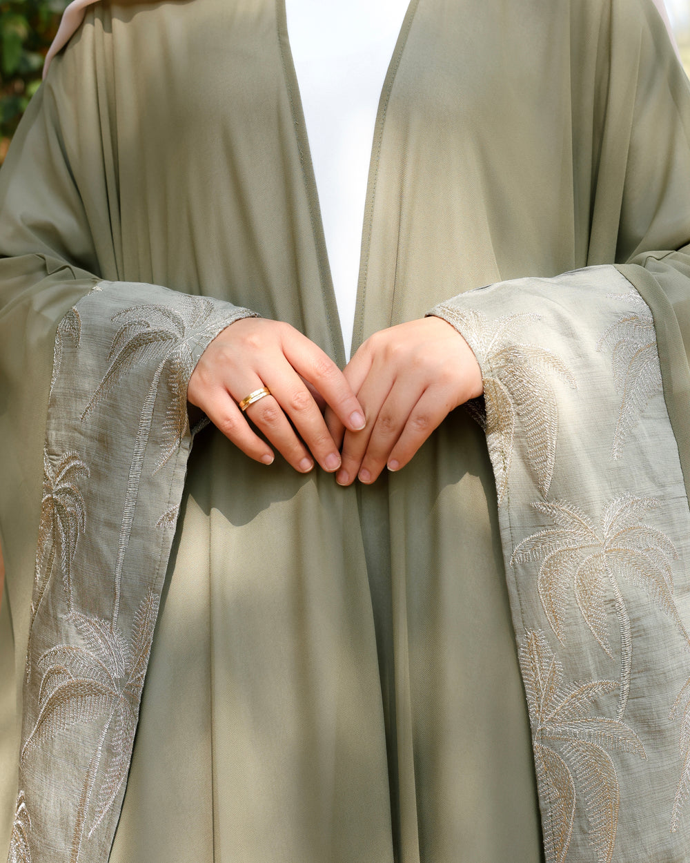 Palm Embroidered Chiffon Cape Olive C2741