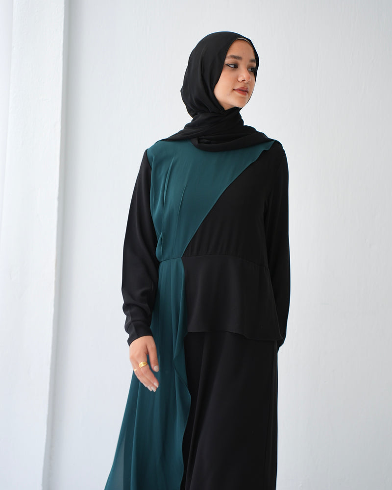 Peplum Side Chiffon Drape Abaya Teal C200