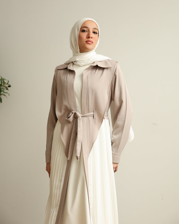 Open Pleated Abaya Beige C142