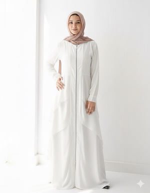 Layered Chiffon Abaya with Zipper White C161