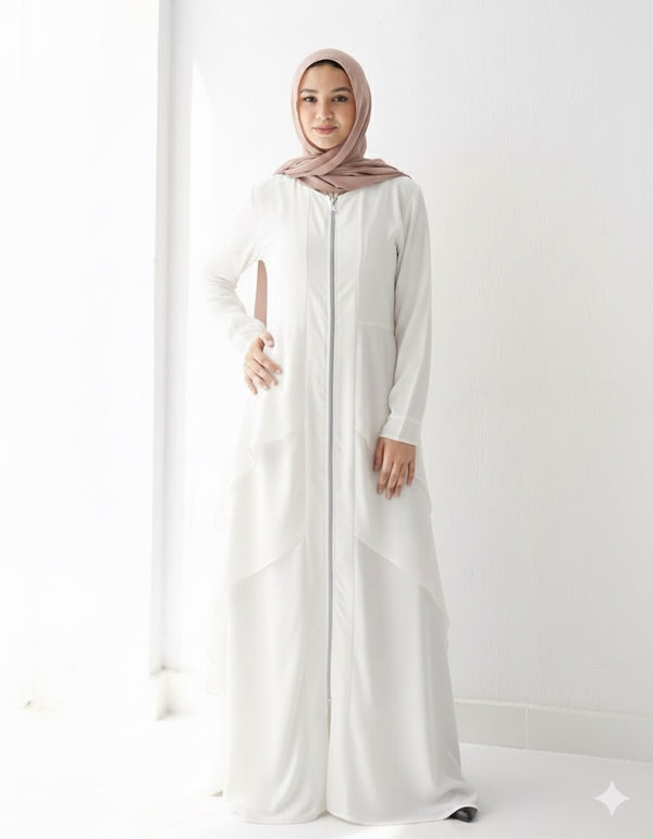 Layered Chiffon Abaya with Zipper White C161