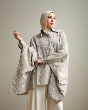 Floral Embroidered Oversized Linen Shirt Grey C2190