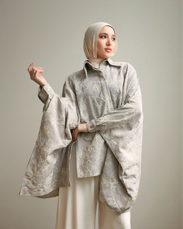 Floral Embroidered Oversized Linen Shirt Grey C2190