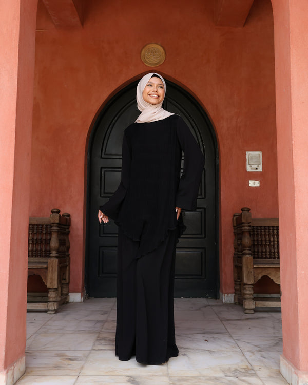 Pleated Layered Abaya Black C1102