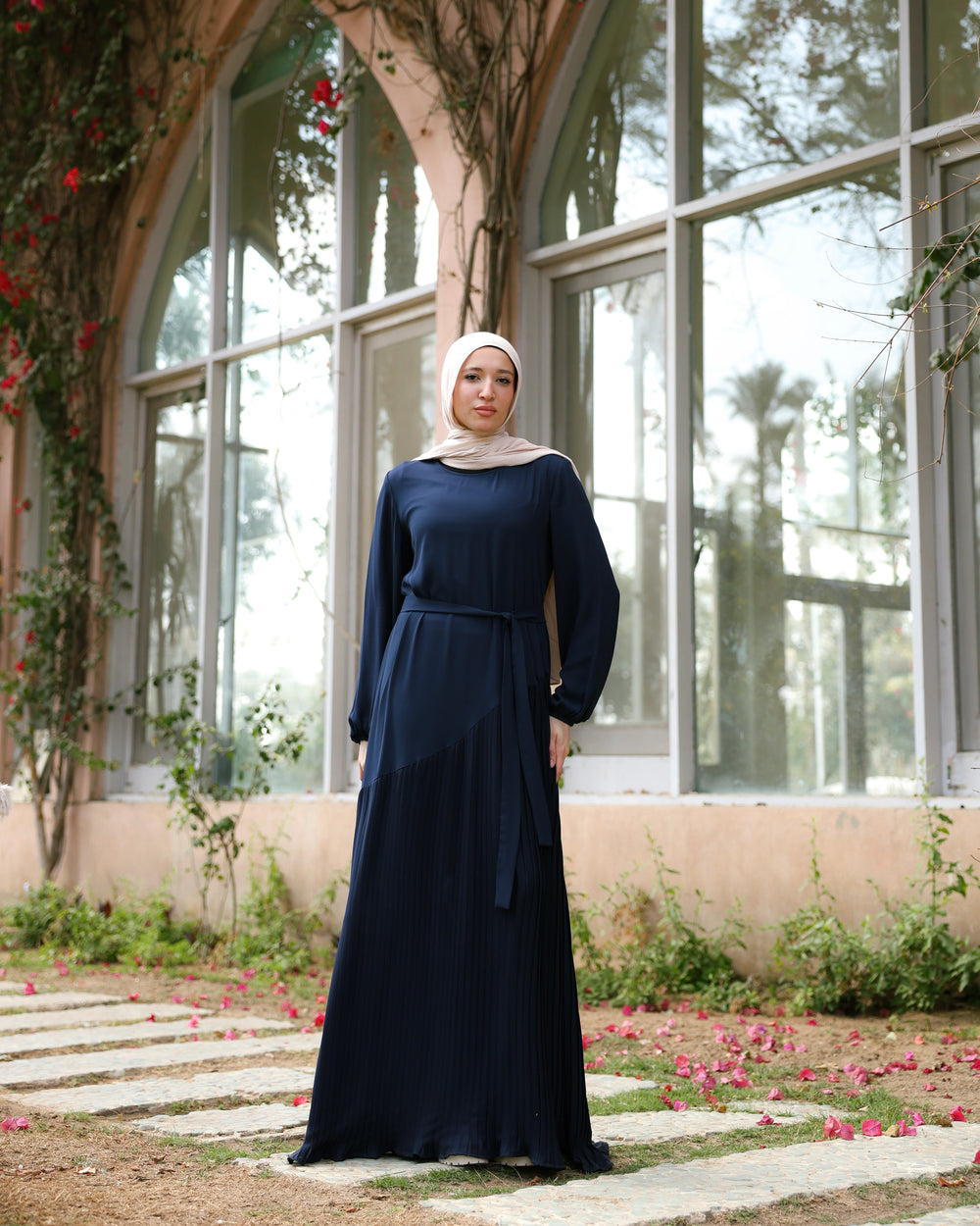 Pleated Chiffon Dress Navy C74