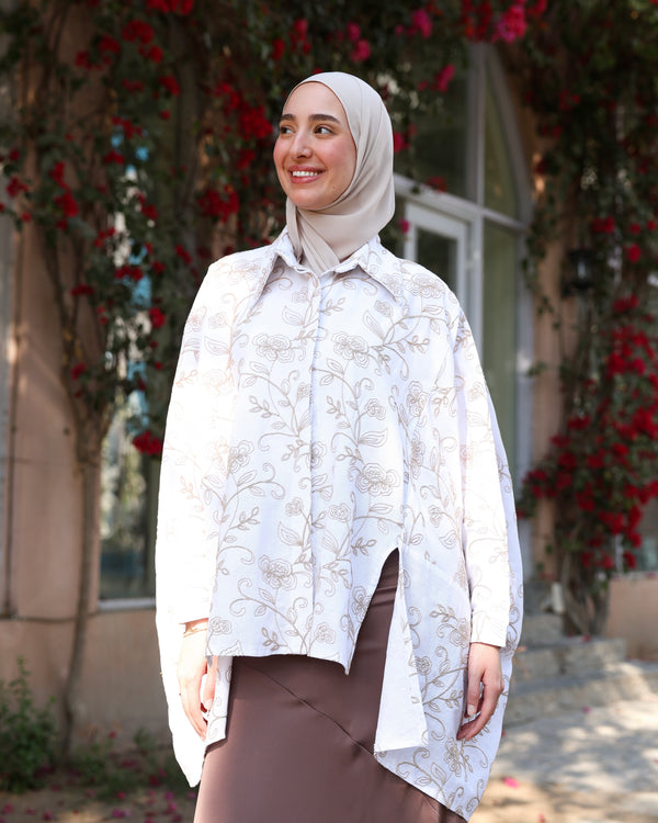 Floral Embroidered Oversized Linen Shirt Offwhite C2190