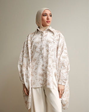Floral Embroidered Oversized Linen Shirt Offwhite C2190