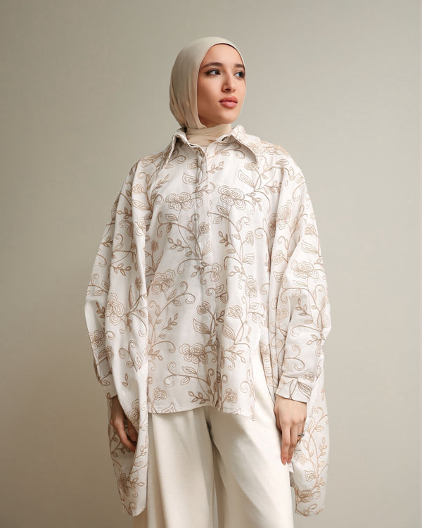Floral Embroidered Oversized Linen Shirt Offwhite C2190