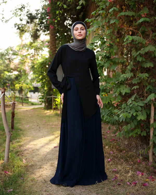 Side Wrap Pleated Abaya Navy C113