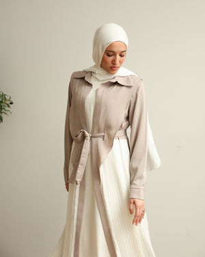 Open Pleated Abaya Beige C142
