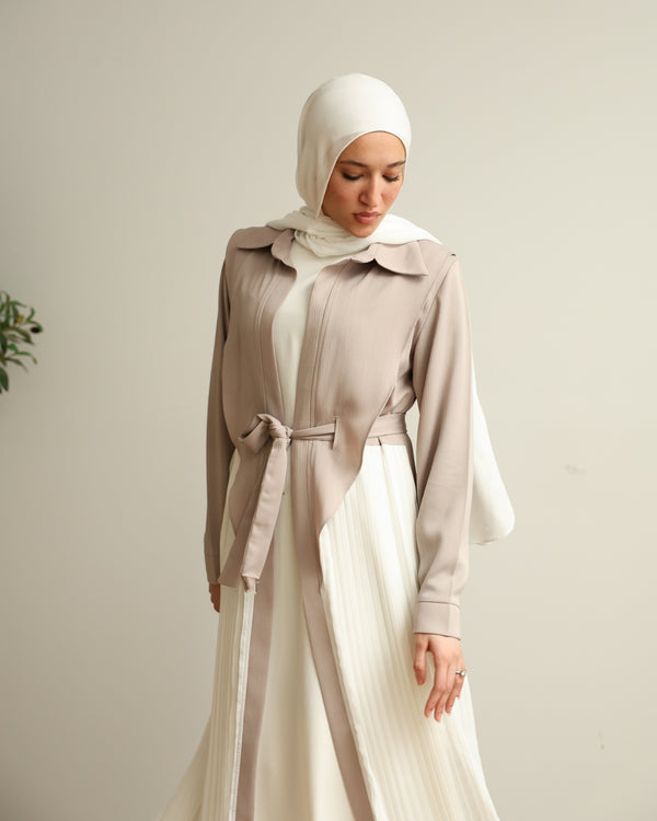 Open Pleated Abaya Beige C142