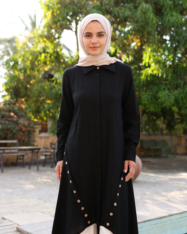 High Low Linen Buttoned Shirt Black C2751