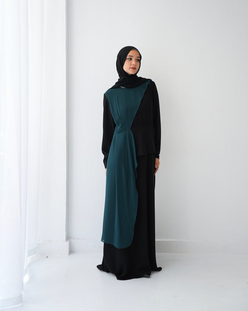 Peplum Side Chiffon Drape Abaya Teal C200