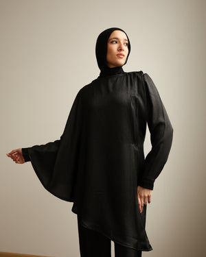 Shimmer Cape-Overlay Jumpsuit Black C1781