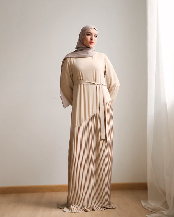 Pleated Chiffon Dress Beige C74