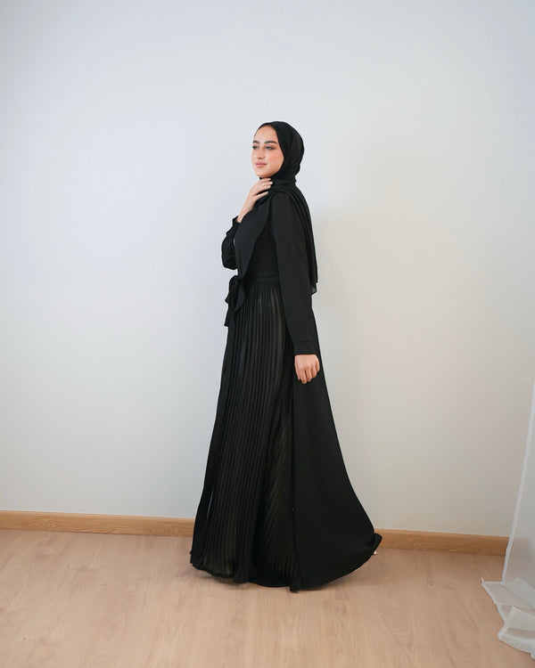 Open Pleated Abaya Black C142
