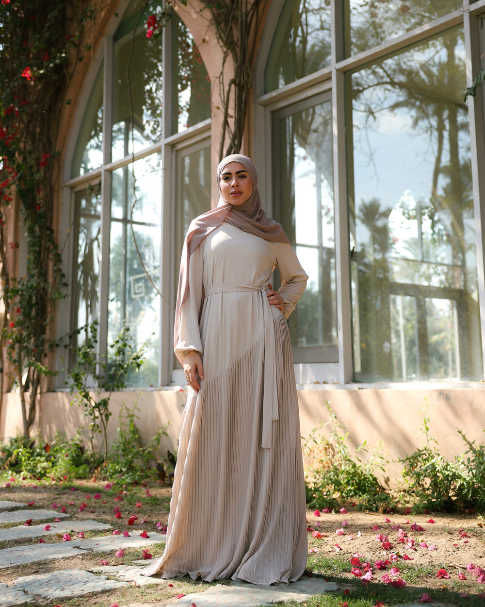 Pleated Chiffon Dress Beige C74