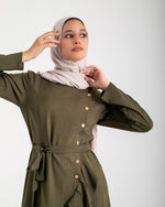 Linen Buttoned Ruffle Dress Olive C198