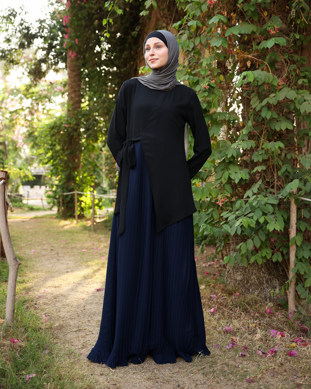 Side Wrap Pleated Abaya Navy C113