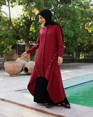 High Low Linen Buttoned Shirt Maroon C2751