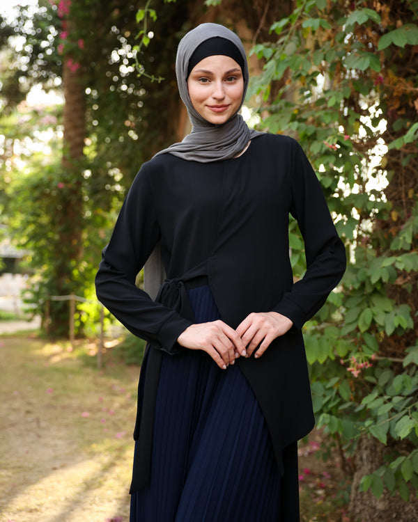 Side Wrap Pleated Abaya Navy C113
