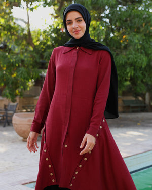 High Low Linen Buttoned Shirt Maroon C2751