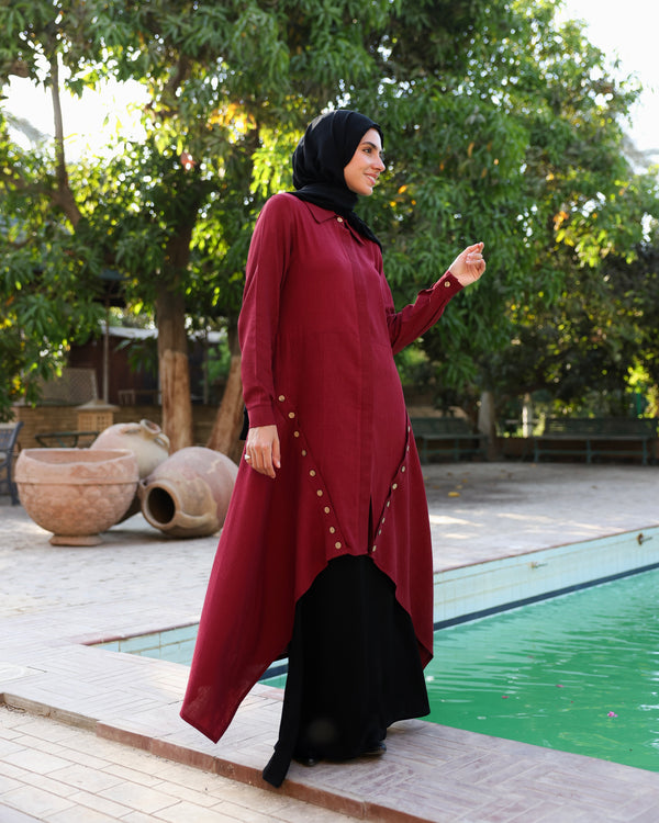 High Low Linen Buttoned Shirt Maroon C2751