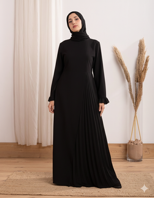 Asymmetrical Pleated Abaya Black C104