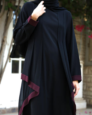 Abaya With Front Chiffon Drape Black Maroon C65