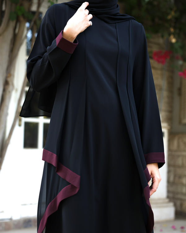 Abaya With Front Chiffon Drape Black Maroon C65
