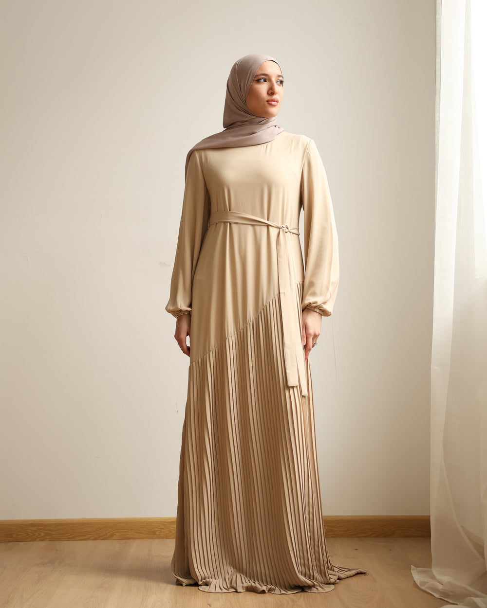 Pleated Chiffon Dress Beige C74