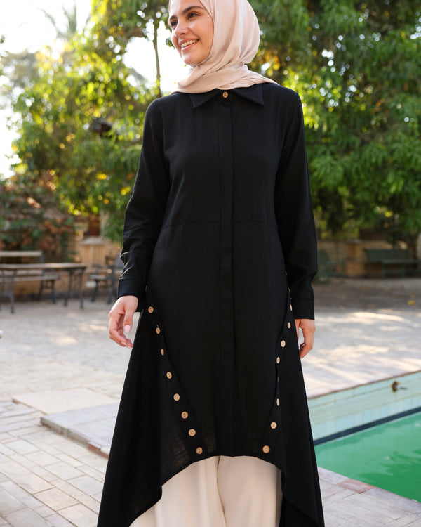 High Low Linen Buttoned Shirt Black C2751