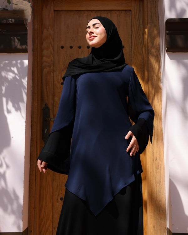 The Asymmetric Layered Abaya Black Navy C110