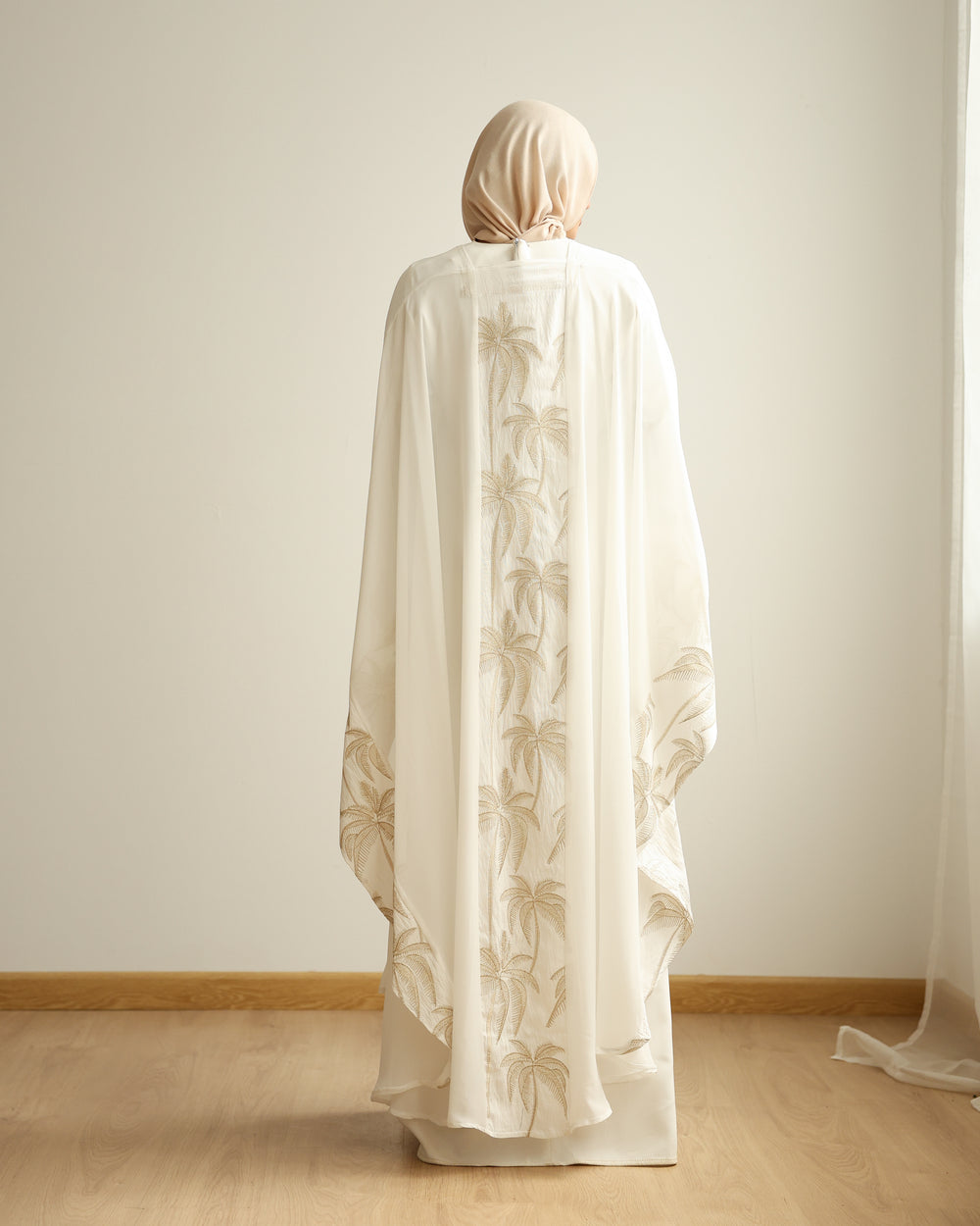 Palm Embroidered Chiffon Cape Offwhite C2741