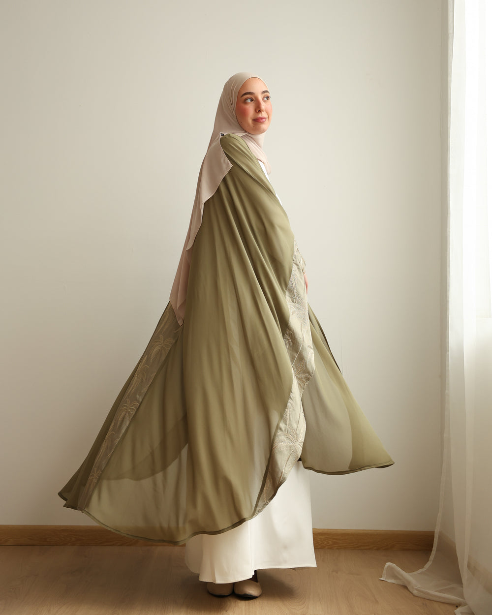 Palm Embroidered Chiffon Cape Olive C2741