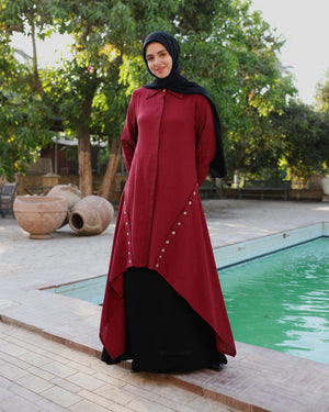 High Low Linen Buttoned Shirt Maroon C2751