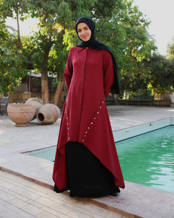 High Low Linen Buttoned Shirt Maroon C2751