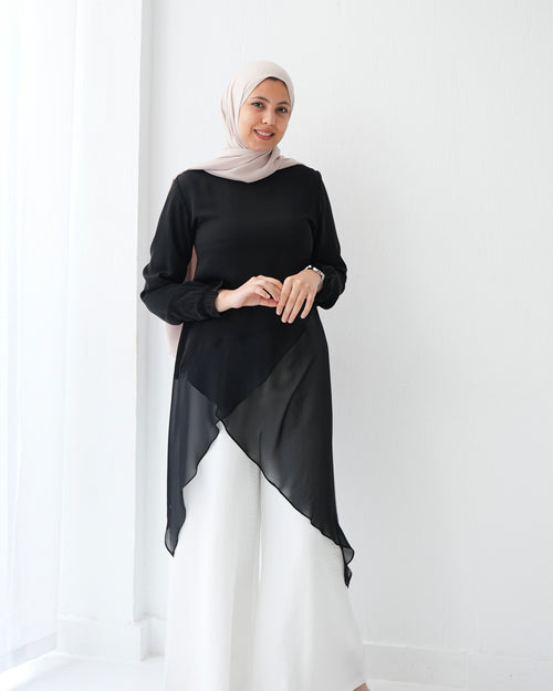High Low Silk Chiffon Blouse Black C242