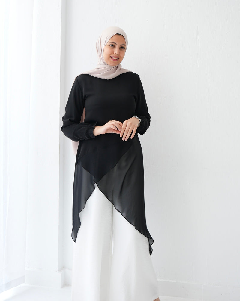 High Low Silk Chiffon Blouse Black C242