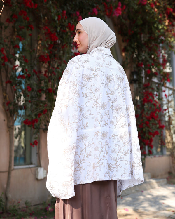 Floral Embroidered Oversized Linen Shirt Offwhite C2190