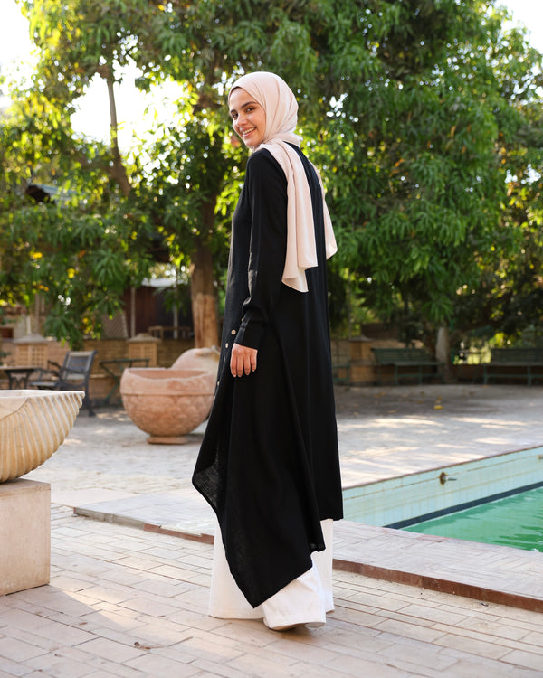 High Low Linen Buttoned Shirt Black C2751