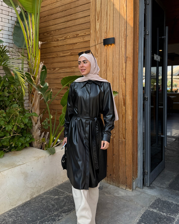 Back Pleated Leather Chemise Black C2342