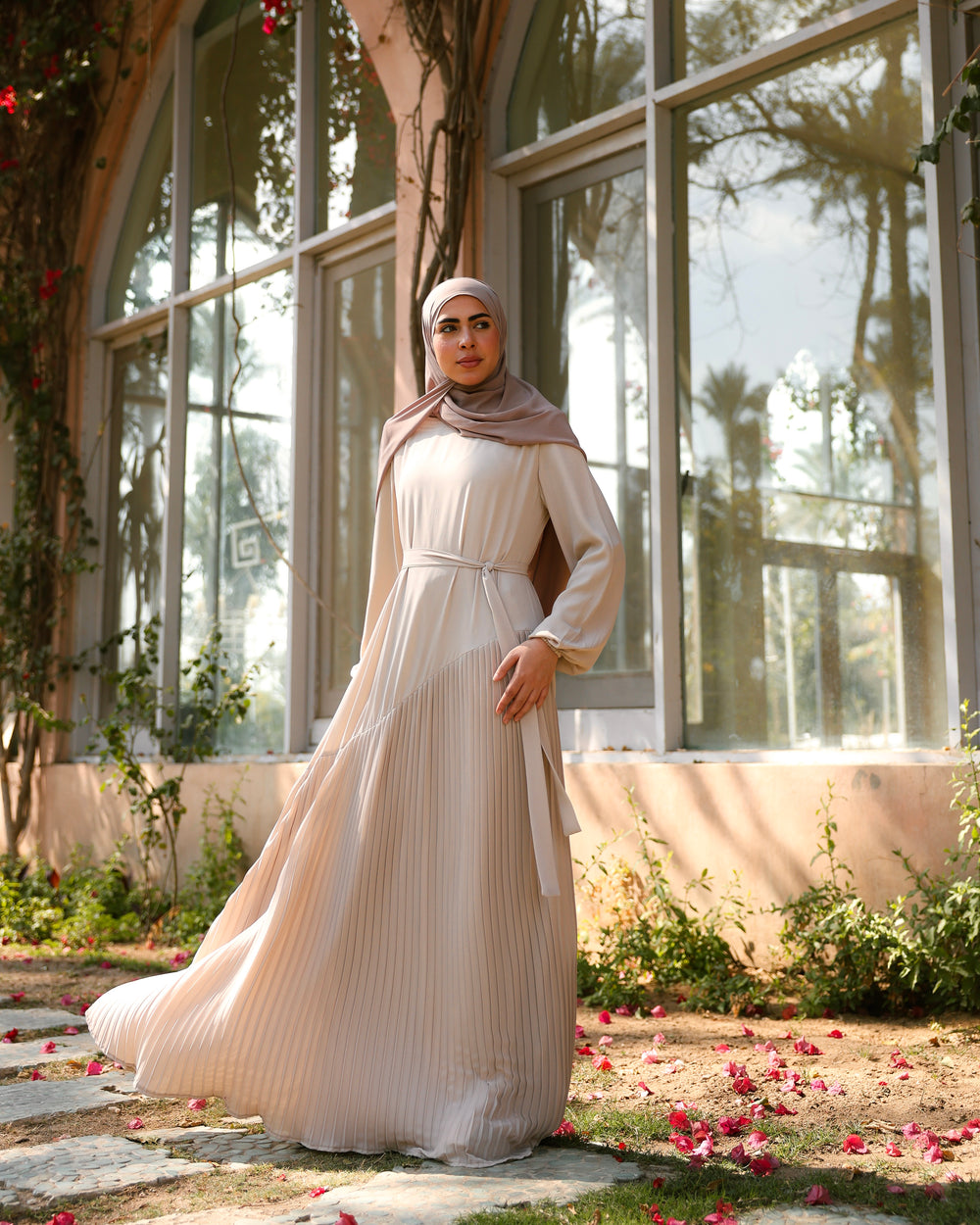 Pleated Chiffon Dress Beige C74