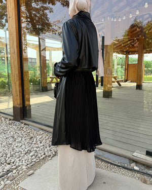 Back Pleated Leather Chemise Black C2342