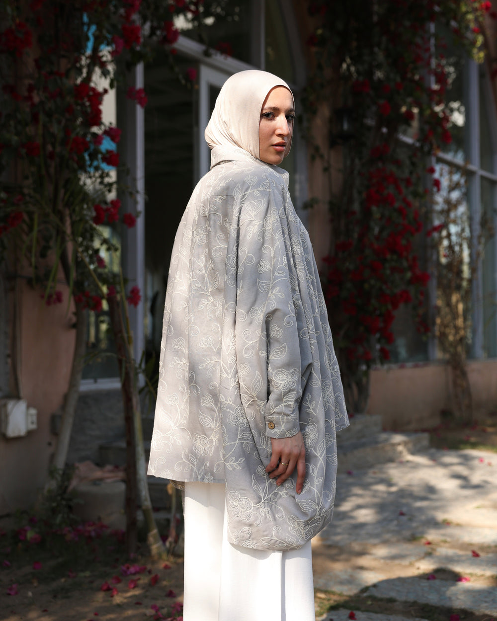 Floral Embroidered Oversized Linen Shirt Grey C2190