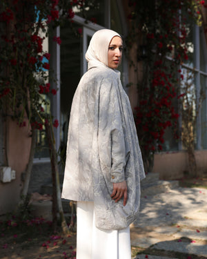 Floral Embroidered Oversized Linen Shirt Grey C2190