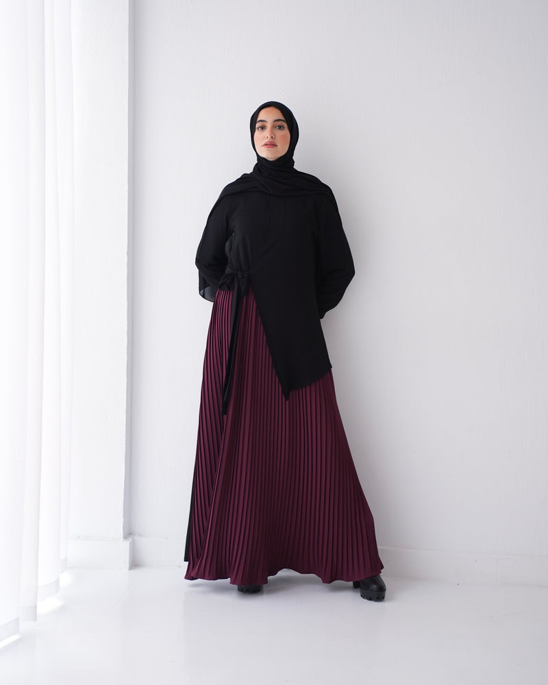 Side Wrap Pleated Abaya Burgundy C113