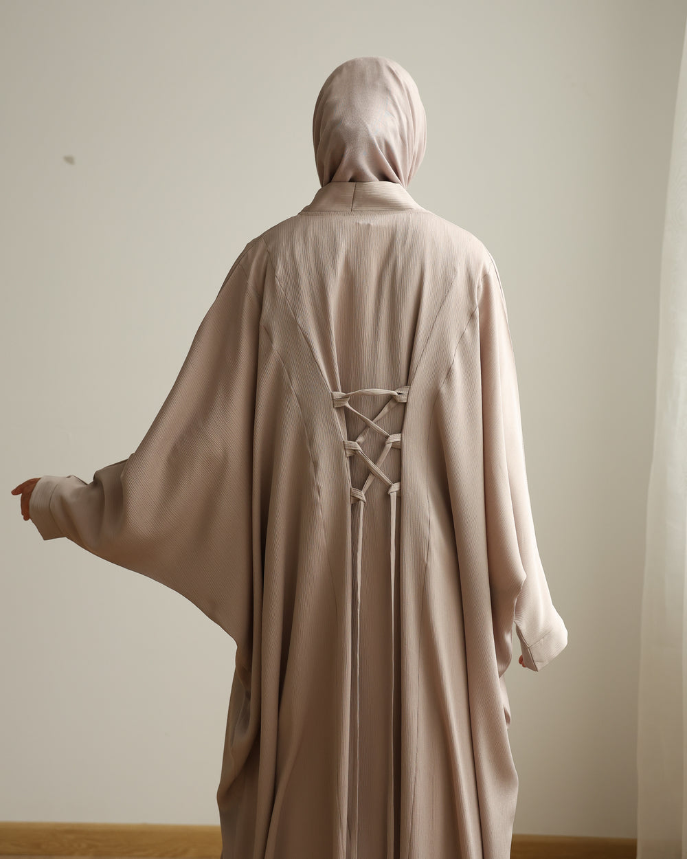 The Lace- Back Free Size Abaya Beige C2730