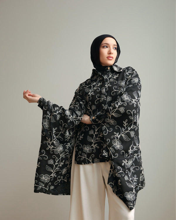 Floral Embroidered Oversized Linen Shirt Black C2190