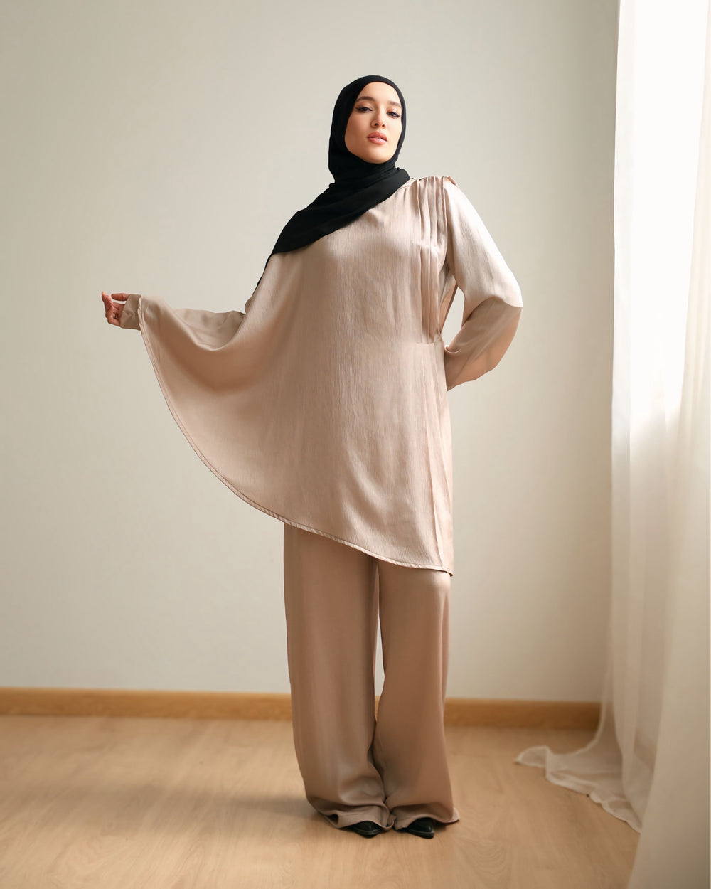 Shimmer Cape-Overlay Jumpsuit Beige C1781